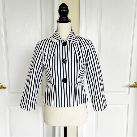 Anne Klein 2P Black and White Striped Cropped Button Blazer - Picture 1 of 11